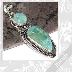Fluorite Large Eclectic Southwest Style Silver Artisan Pendant 3.1” (Mint Green)